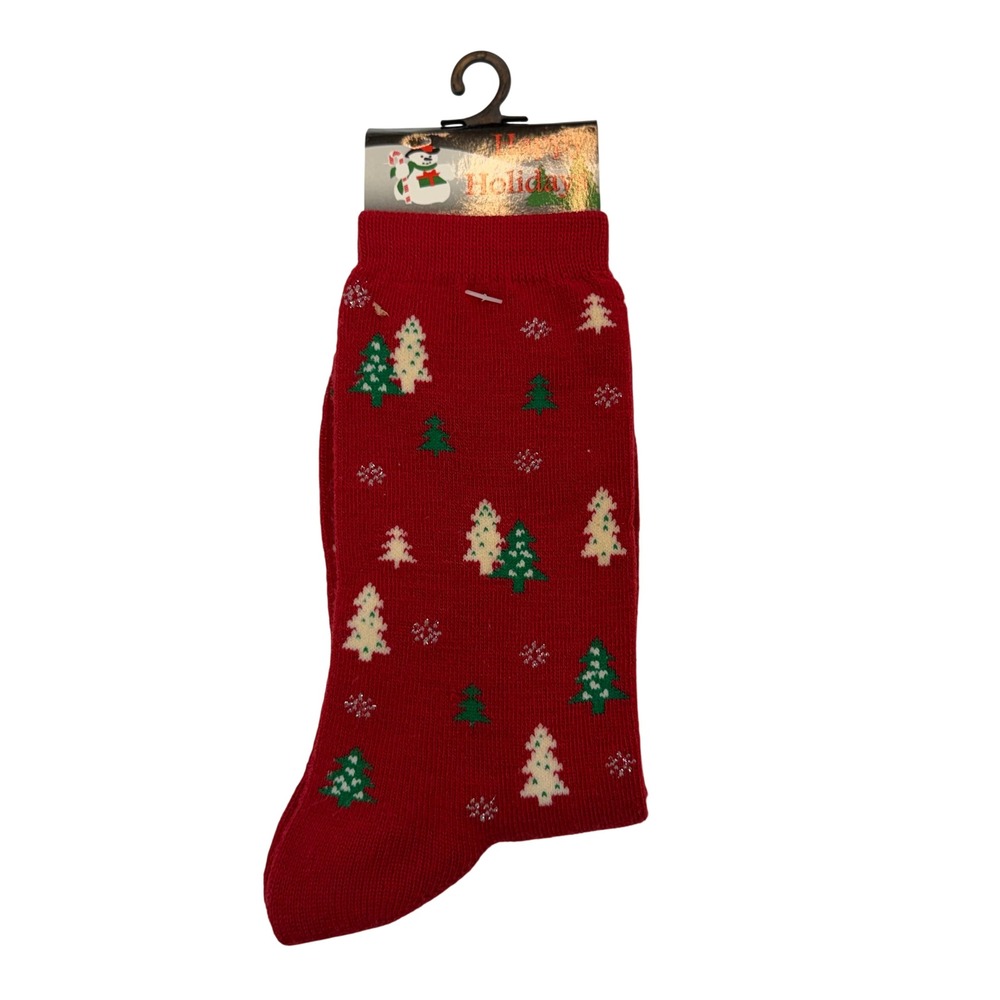 Happy Holiday Socks Red Christmas Tree Snowflake Festive Knit Crew Women OS 4-10
